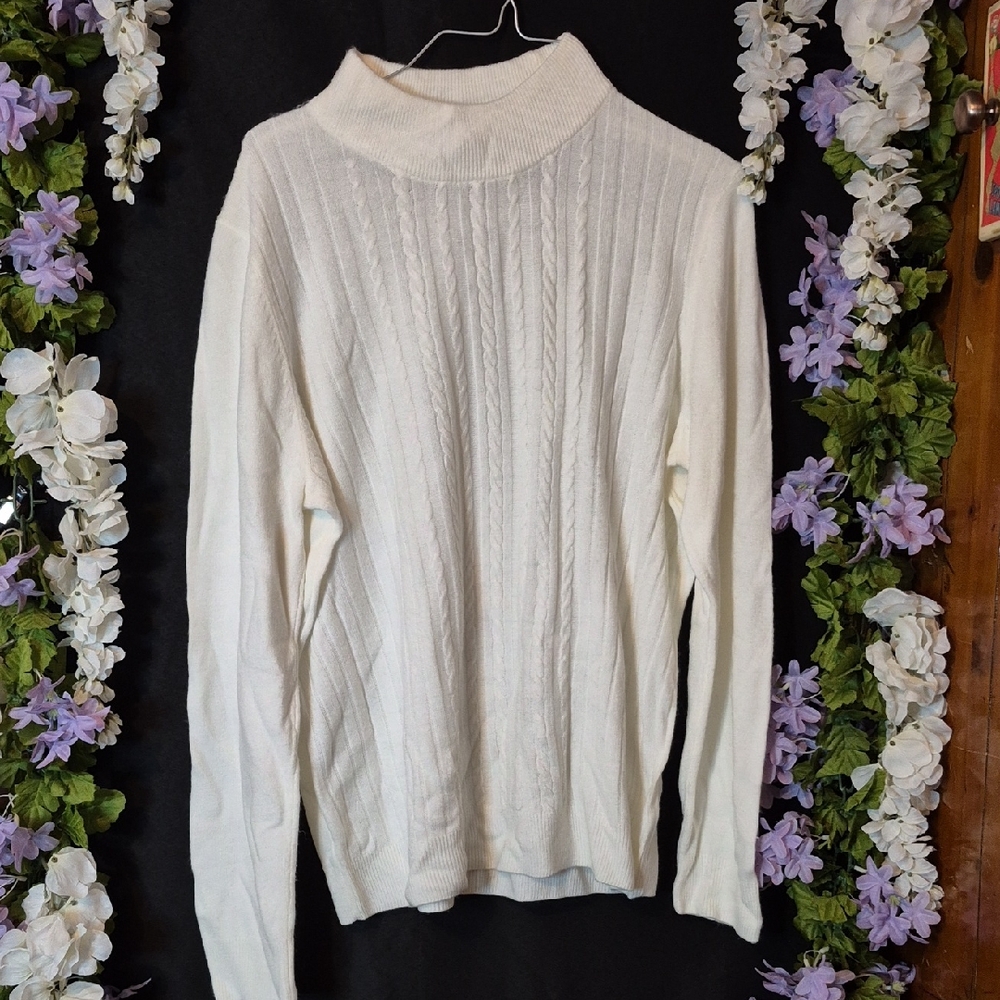 Allison Daley Cream Cable Knit Turtleneck Sweater